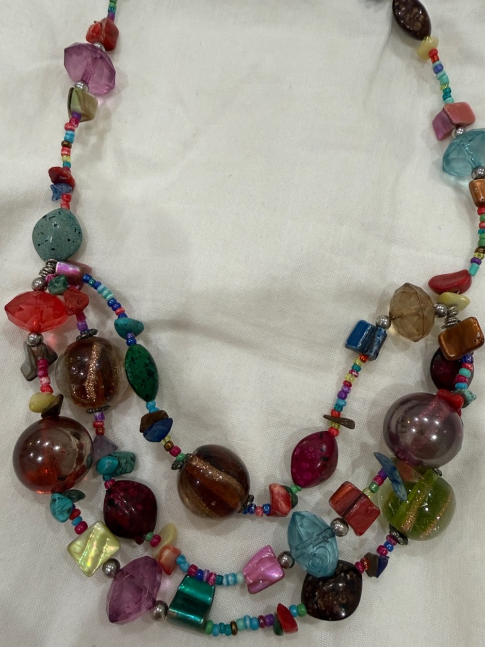 Vintage Boho Multi-Strand Chunky Beaded Statement Necklace Colorful Mixed Media